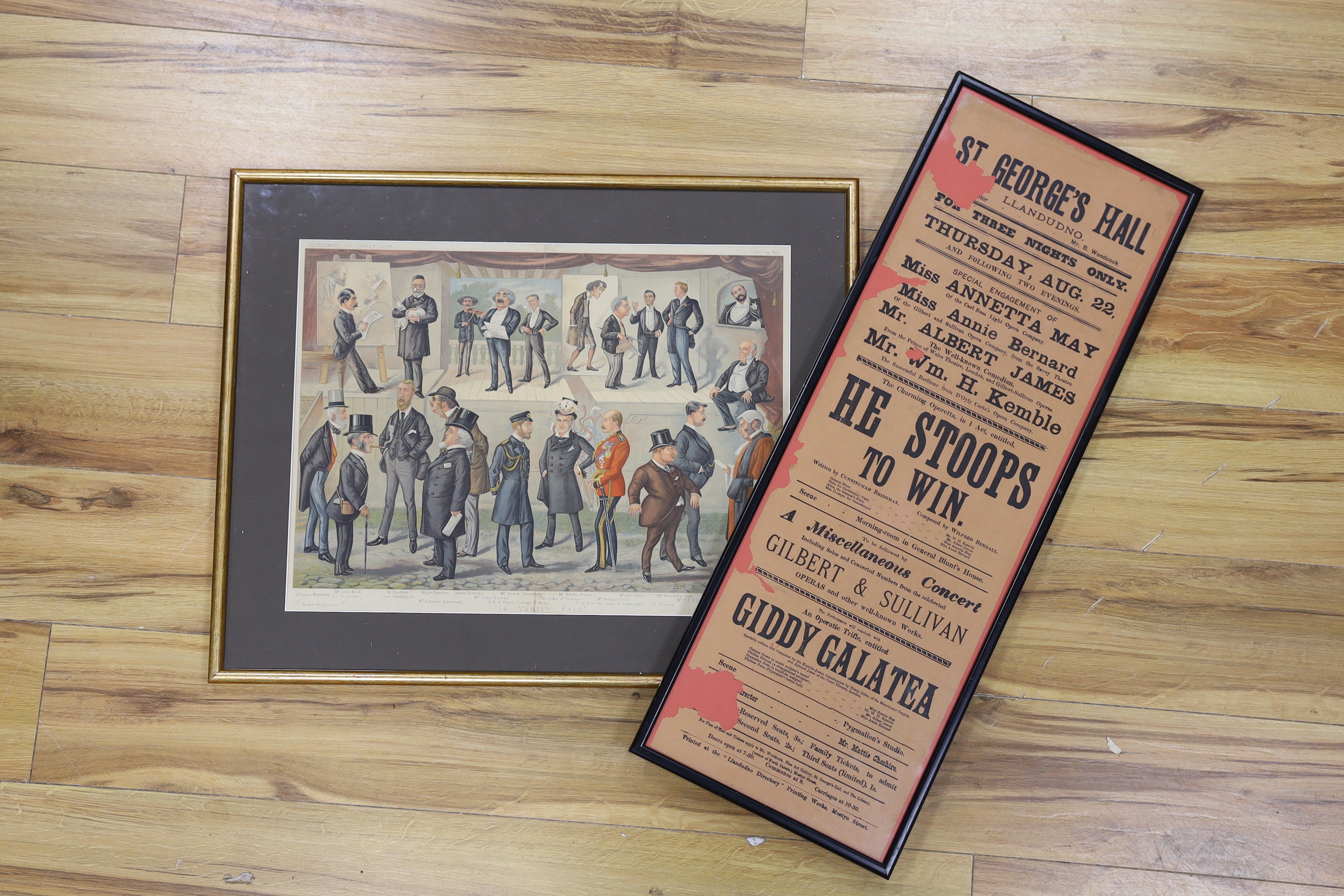 An early 20th century lithograph poster for Gilbert & Sullivan’s H.M.S. Pinafore, in an oak frame, together with a framed play bill, another framed poster, a large framed production photograph and a framed photo montage